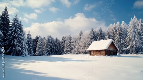 A charming snow-covered hut in the middle of a quiet winter field, framed by tall evergreens under a crisp blue sky.