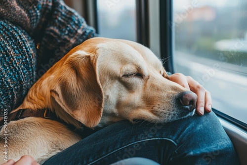 A dog sits beside its owner on a train, resting its head on their lap, The owner gently pets it while looking out the window, Generative AI