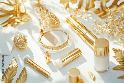 Luxury cosmetic composition with gold elements on white background photo