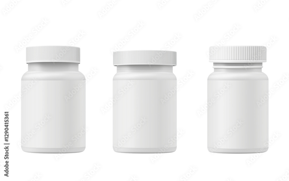 White blank plastic medicine bottle and jar mockup set isolated on a transparent background White blank plastic medicine bottle and jar mockup set isolated on a transparent background