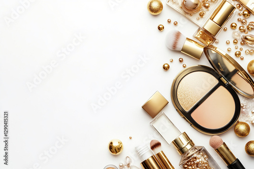 Luxury cosmetic composition with gold elements on white background photo