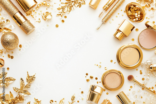 Luxury cosmetic composition with gold elements on white background photo