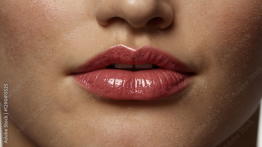 Obraz premium Model's lips with glossy lip gloss, close-up and vibrant, on a neutral background, copy space