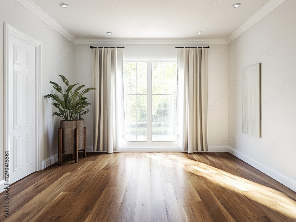 Fototapeta premium Montreal home's living room with a new wooden floor, showcasing the elegance and warmth of wood flooring, with white walls and curtains in soft lighting.