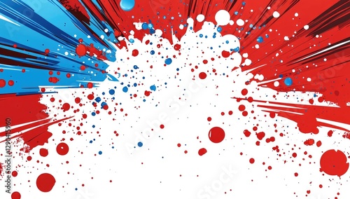 Bright red and blue rays, explosion of dots and bubbles. Vector illustration of comic game competition banner template or promotional poster design with copy space area.