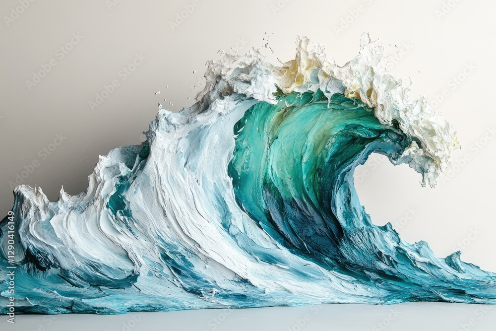A majestic ocean wave captured in a stunning impasto painting, showcasing vibrant teal and white hues. A majestic ocean wave captured in a stunning impasto painting, showcasing vibrant teal and white hues.