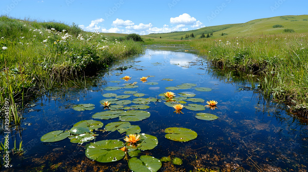 Yellow water lilies in calm stream, sunny meadow background, summer landscape, nature photography Yellow water lilies in calm stream, sunny meadow background, summer landscape, nature photography