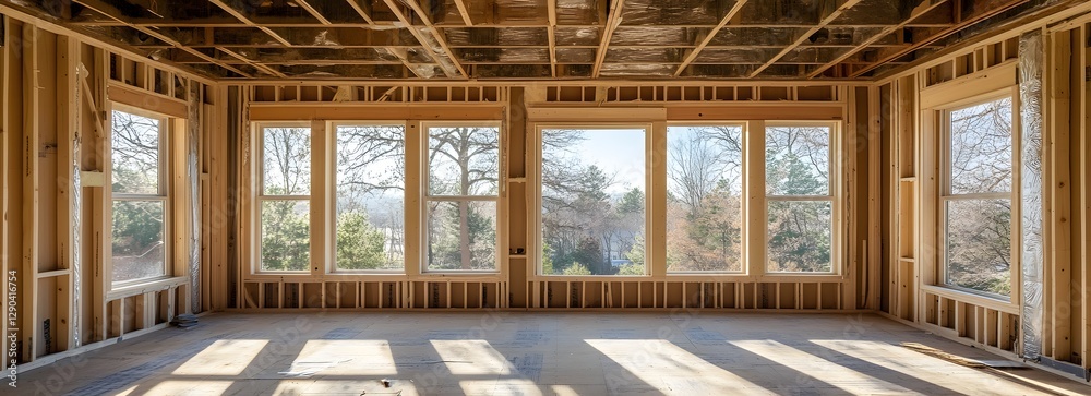 Obraz premium Interior of House Under Construction with Large Windows