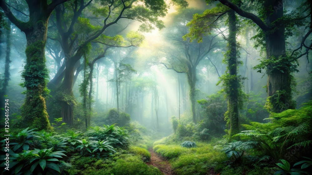 Obraz premium Enchanted Forest Amidst Thick Fog , dense foliage, fog, dense foliage, fog, overgrown trees