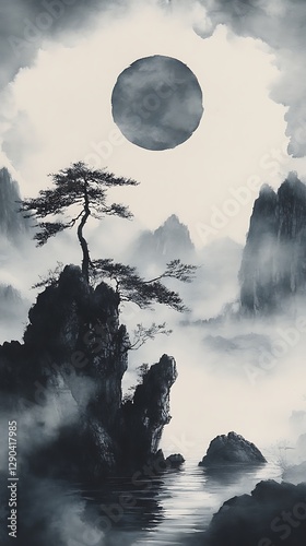 Misty Mountain Island Landscape with Moon