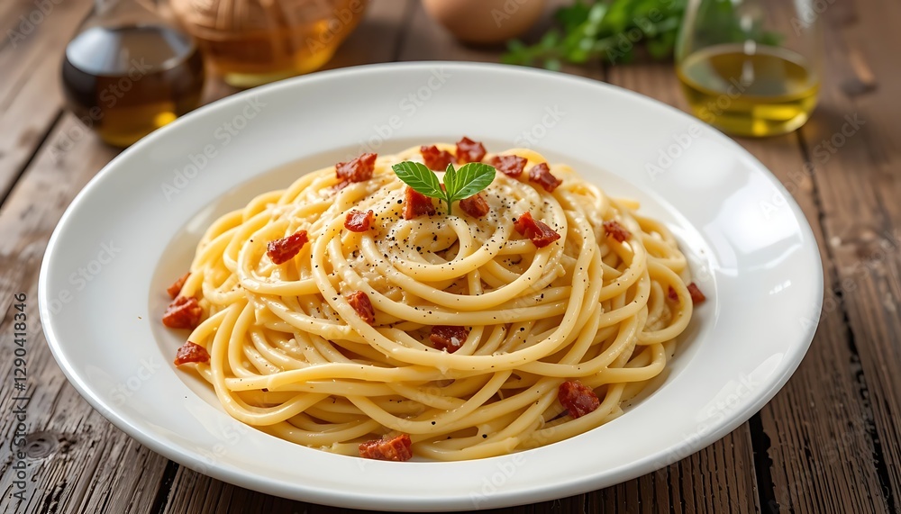 Spaghetti Aglio e Olio with Red Pepper Flakes and Parsley on a White Plate Spaghetti Aglio e Olio with Red Pepper Flakes and Parsley on a White Plate