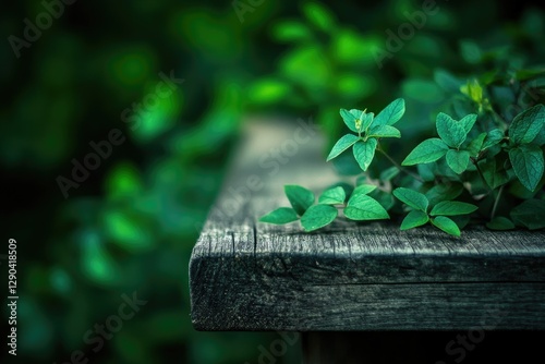 Wooden table top with blurred green leaves and bokeh background for product display presentation. Generative AI technology, green nature blur in the garden or park background.