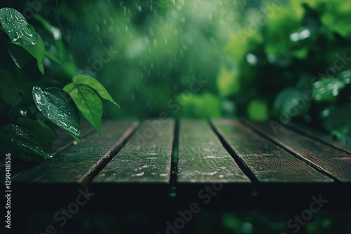 Wooden table top with blurred green leaves and bokeh background for product display presentation. Generative AI technology, green nature blur in the garden or park background.
