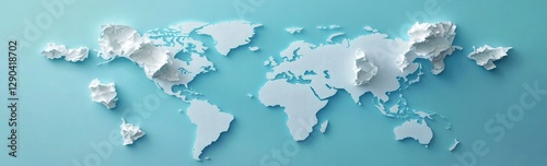 World map on a blue background, white paper cutout style, flat design, simple, minimalistic, high resolution, high quality