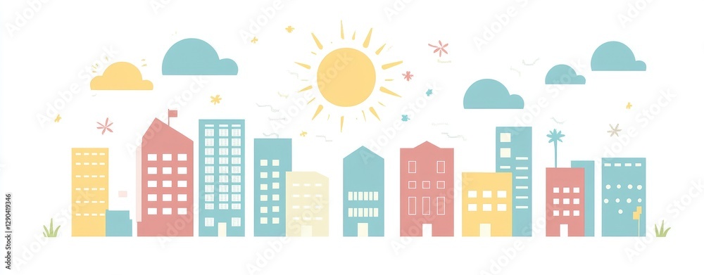 A sky blue color palette and a white background. The design features simple shapes and a minimalistic style. The light blue sky has the sun shining on it. A sky blue color palette and a white background. The design features simple shapes and a minimalistic style. The light blue sky has the sun shining on it.