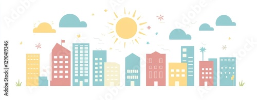 Wallpaper Mural A sky blue color palette and a white background. The design features simple shapes and a minimalistic style. The light blue sky has the sun shining on it. Torontodigital.ca