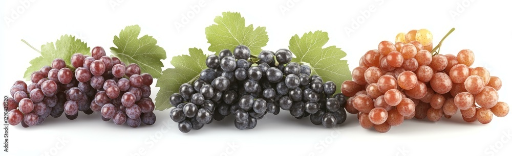 Three Clusters of Grapes with Green Leaves Three Clusters of Grapes with Green Leaves