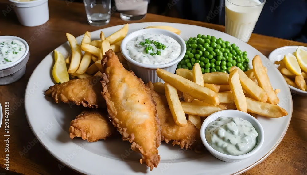 Delicious Crispy Fish and Chips Meal with Tartar Sauce and Peas Delicious Crispy Fish and Chips Meal with Tartar Sauce and Peas