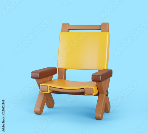 Fototapeta Naklejka Na Ścianę i Meble -  Wooden picnic chair realistic 3d render icon. Camping, garden or park wood furniture with yellow fabric seat. Portable folding chair for outdoor fishing isolated on blue background. 3D illustration