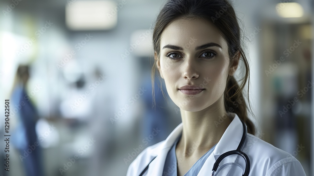 Naklejka premium Compassionate female healthcare professional in a white coat with a kind expression
