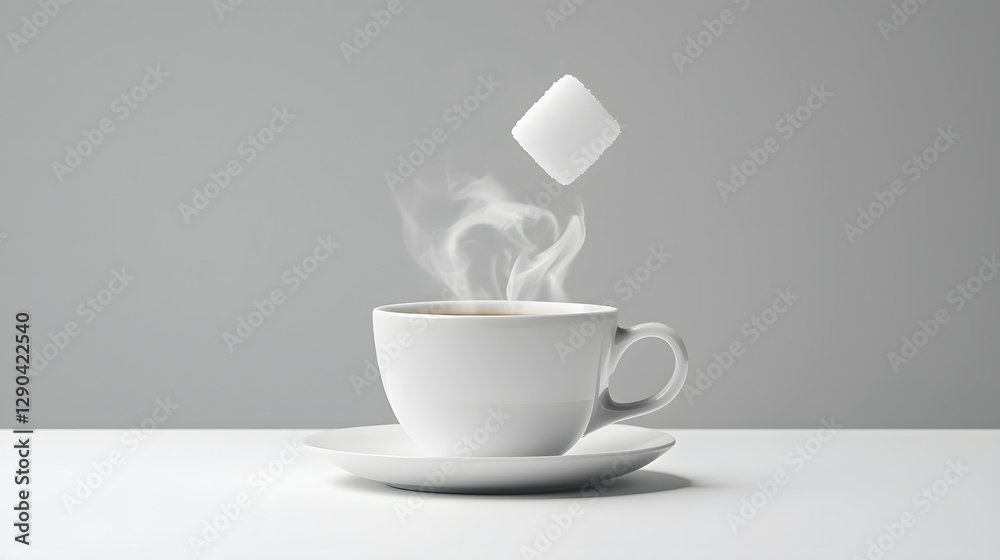 Steaming cup of coffee with a floating sugar cube Steaming cup of coffee with a floating sugar cube