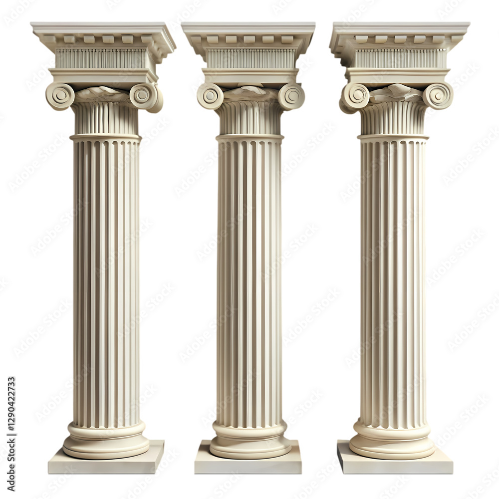 Ionic Columns: Greek Architecture, 3D Model, White Pillars isolated on transparent background Ionic Columns: Greek Architecture, 3D Model, White Pillars isolated on transparent background