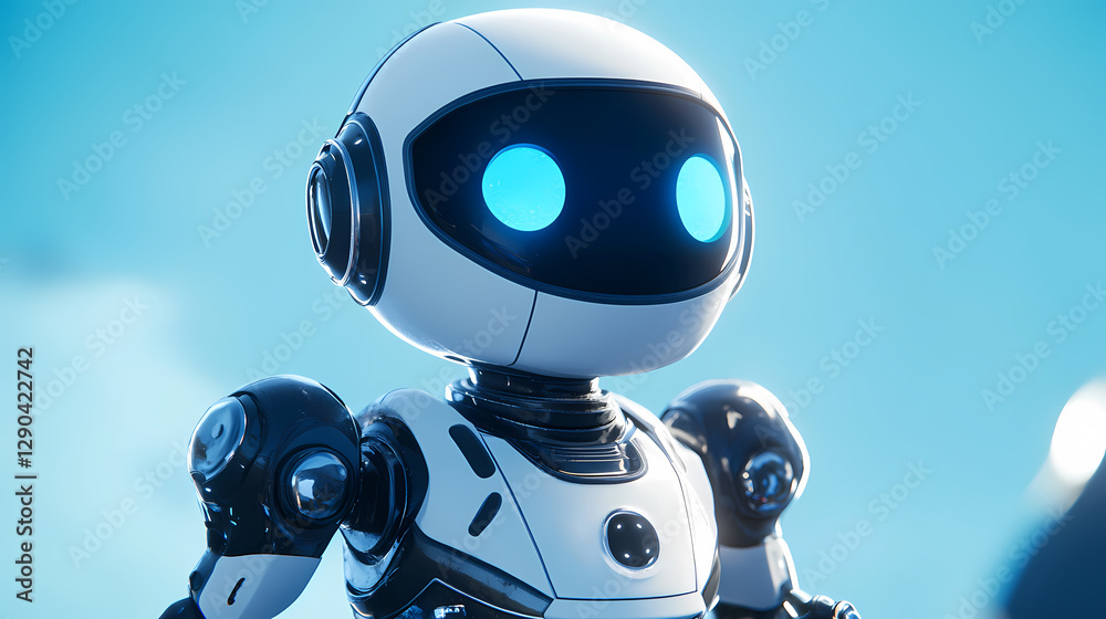 Cartoon robot with big head and glowing blue eyes Cartoon robot with big head and glowing blue eyes