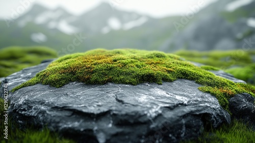 Rocky outcrop, moss, mountain backdrop, nature scene photo