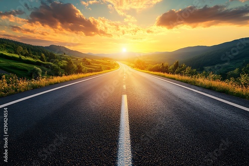 A long open road leading to the bright sunset sky