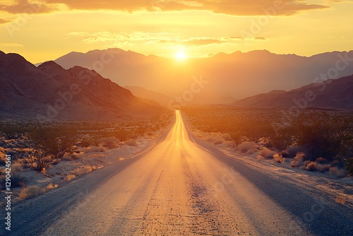 A gravel road leads to mountains and a bright sunset