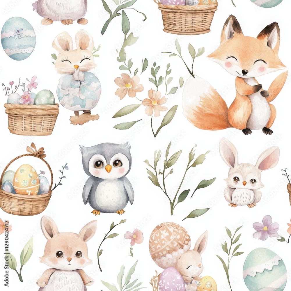 Obraz premium Seamless Watercolor Easter Pattern with Cute Baby Fox, Bunny, and Deer Among Pastel Eggs and Leaves for Spring and Holiday Designs