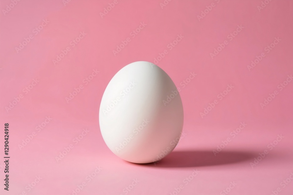 Single white egg standing upright against a solid pink pastel background. Single white egg standing upright against a solid pink pastel background.