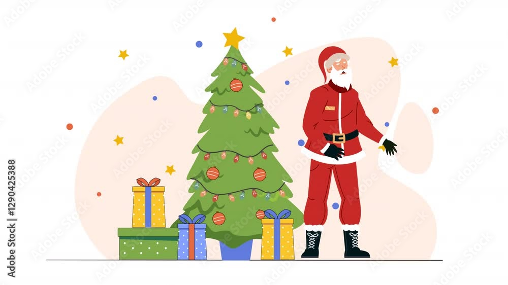 Flat vector scene animation depicting a festive Christmas scene, with characters decorating a tree, exchanging gifts, and celebrating in a warm holiday atmosphere. Flat vector scene animation depicting a festive Christmas scene, with characters decorating a tree, exchanging gifts, and celebrating in a warm holiday atmosphere.