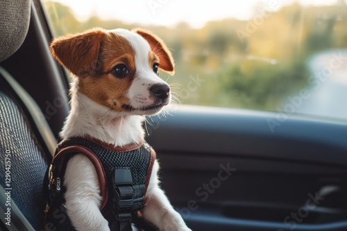 A small puppy wears a safety harness in the passenger seat of a car, It gazes out the window as the scenery passes by, Generative AI