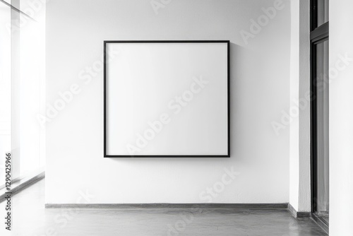 White wall with a blank frame in a modern office interior, a mockup of a square poster on the white background wall in an open space and meeting room for creative design.