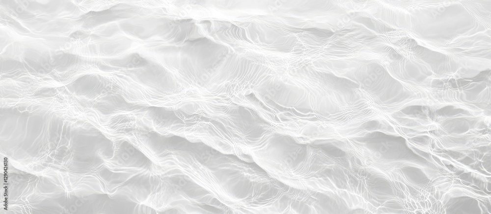Fototapeta premium White water texture, a clear, transparent, and calm surface with ripples and waves against a light gray background. Minimalist flat lay banner for a spa or beauty concept
