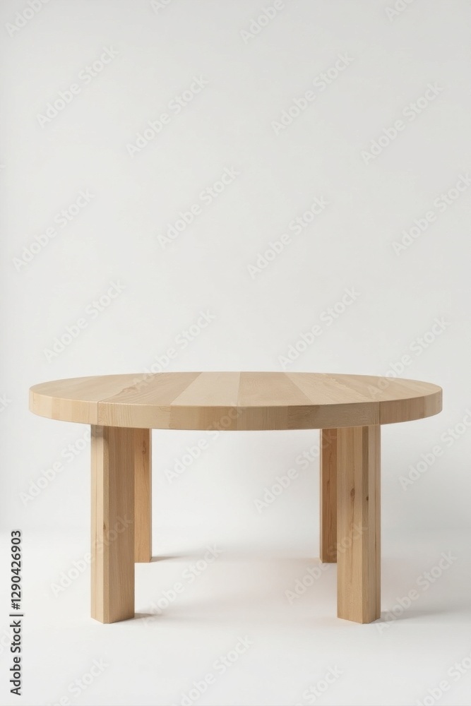 Simple Round Wooden Table with Four Sturdy Legs on a White Background Simple Round Wooden Table with Four Sturdy Legs on a White Background
