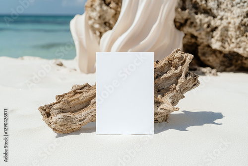 Blank Invitation card mockup on a costal beach for Mermaid party.