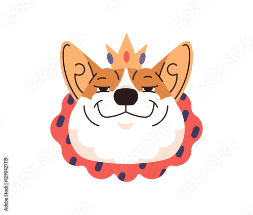 Portrait of Welsh Corgi in carnival costume of king with crown. Avatar of cute dog in suit for Halloween masquerade. Muzzle of happy puppy with glad face. Flat isolated vector illustration on white