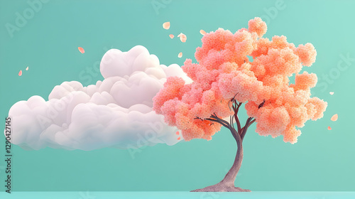 Fluffy Cloud and Peach Blossom Tree in Pastel Background