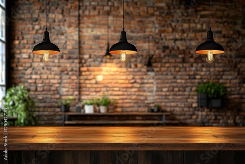 Wooden table in the blurred background of an interior modern cafe with a brick wall and hanging lamps.