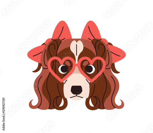 Portrait of happy dog with sunglasses with hearts shape. Avatar of cute spaniel in fashion glasses. Head of puppy decorated with ribbon bows. Flat isolated vector illustration on white background