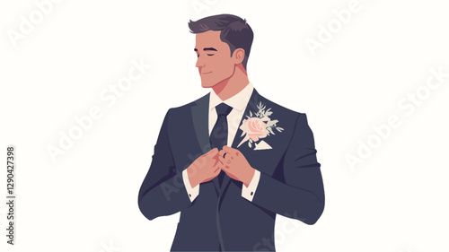 A vector illustration depicting a man in a dark navy suit and white shirt. He is adjusting his jacket, a boutonniere is visible on his lapel. His expression is calm and he is looking off to