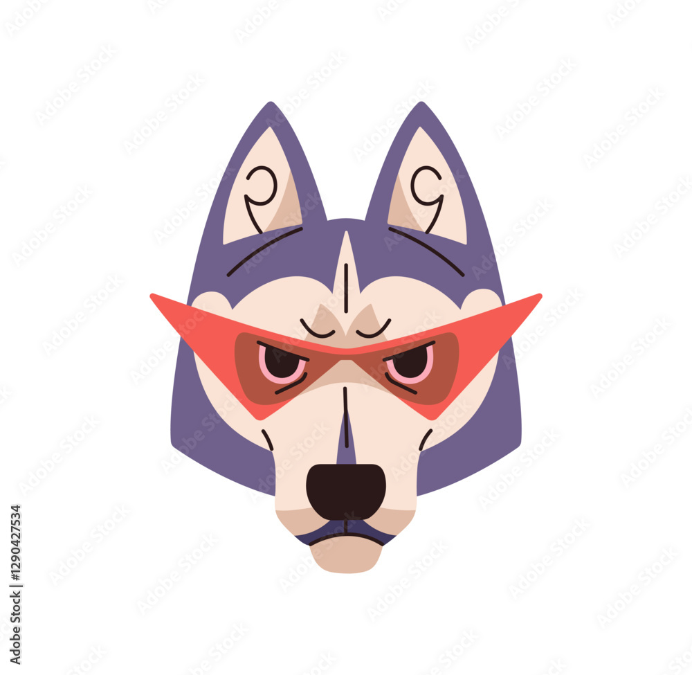 Fototapeta premium Avatar of happy Siberian husky in trendy sunglasses. Portrait of stylish dog in fashion geometric shape glasses for techno rave. Cute puppy in eyeglasses. Flat isolated vector illustration on white