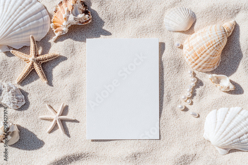 Blank Invitation card mockup on a costal beach for Mermaid party.