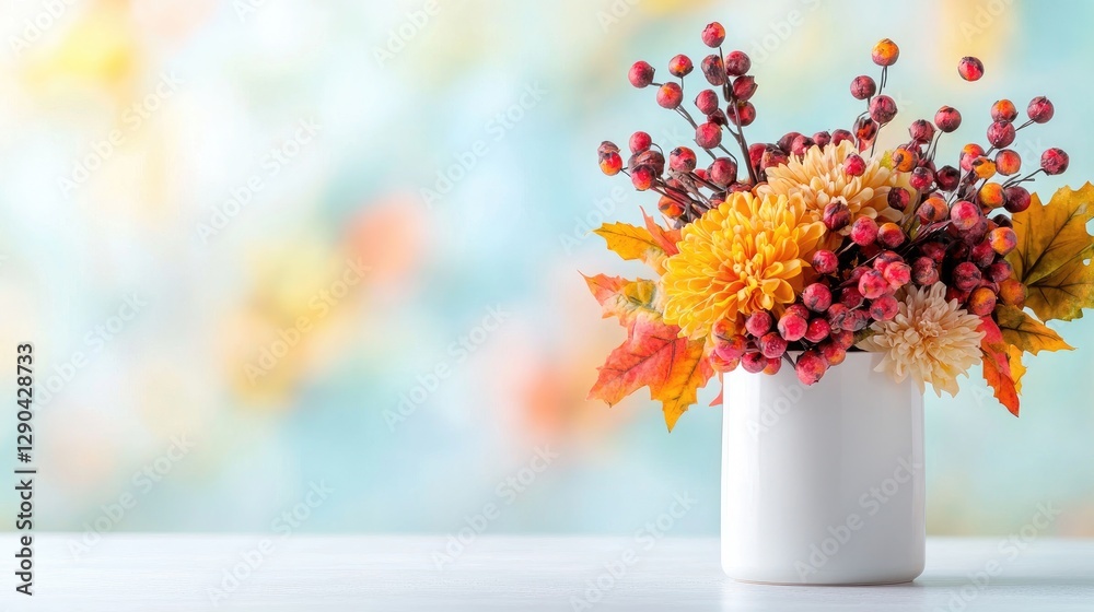 Autumn floral arrangement in white vase, blurred fall background, home decor Autumn floral arrangement in white vase, blurred fall background, home decor