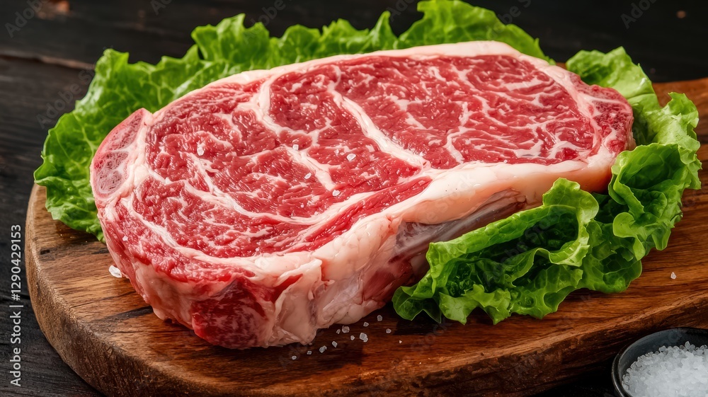 A beautifully marbled ribeye steak rests on fresh lettuce, showcasing rich textures and vibrant colors, perfect for grilling or fine dining. A beautifully marbled ribeye steak rests on fresh lettuce, showcasing rich textures and vibrant colors, perfect for grilling or fine dining.