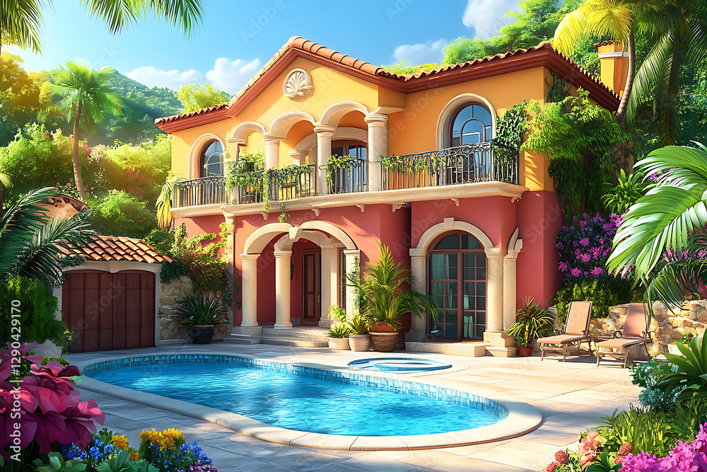 Fototapeta premium A vibrant villa with a pool surrounded by lush greenery and colorful flowers.