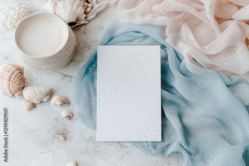 Blank Invitation card mockup on a costal beach for Mermaid party.