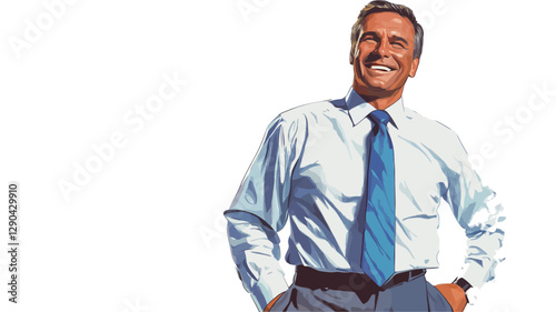 Close-up illustration of a middle-aged man with short graying hair, wearing a light blue long-sleeved shirt and a dark blue tie. His hands are in his pockets. He has a broad smile,